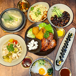 Korean food layout with various dishes