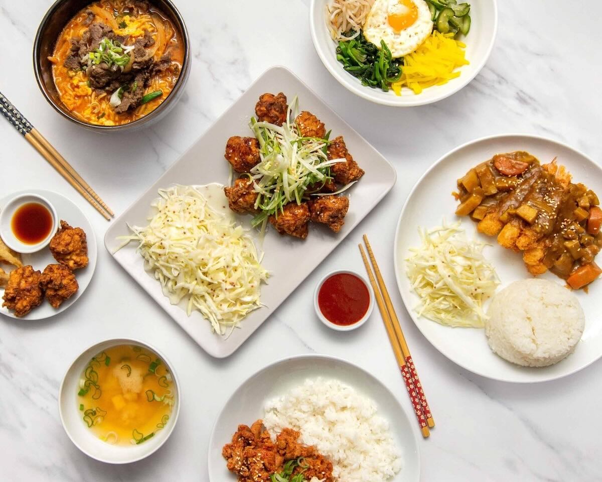Korean Food Spread - Ramen, Fried Chicken, and Sides